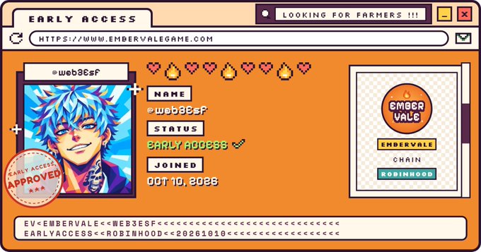 A pixel-art style early access profile card for 'web3esF' on the Ember Vale game (embervalegame.com), showing the character avatar, status as 'EARLY ACCESS APPROVED', and joined date of OCT 10, 2023 on the Robinhood chain.