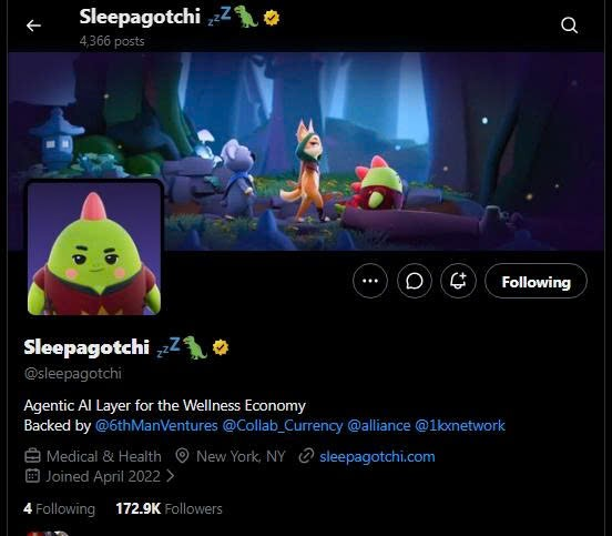 A Twitter/X profile page for Sleepagotchi (@sleepagotchi) showing 4,366 posts and 172.9K followers, described as 'Agentic AI Layer for the Wellness Economy' and backed by @6thManVentures @Collab_Currency @alliance @1kxnetwork.