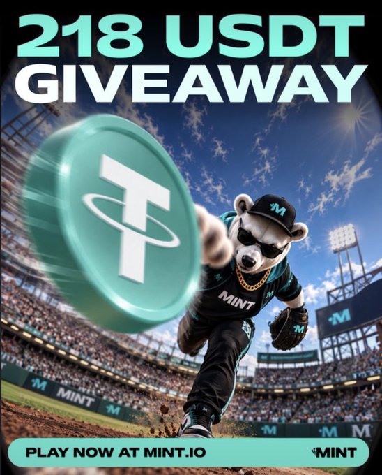 An advertisement for a '218 USDT GIVEAWAY' featuring an anthropomorphic bear in a baseball uniform catching a large teal USDT coin, with text 'PLAY NOW AT MINT.IO'.
