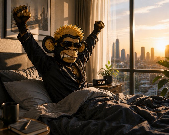 A character with a spiky-haired monkey face and dark clothing stretching in bed at sunrise, with a digital clock reading '06:30' and a city skyline visible through the window.
