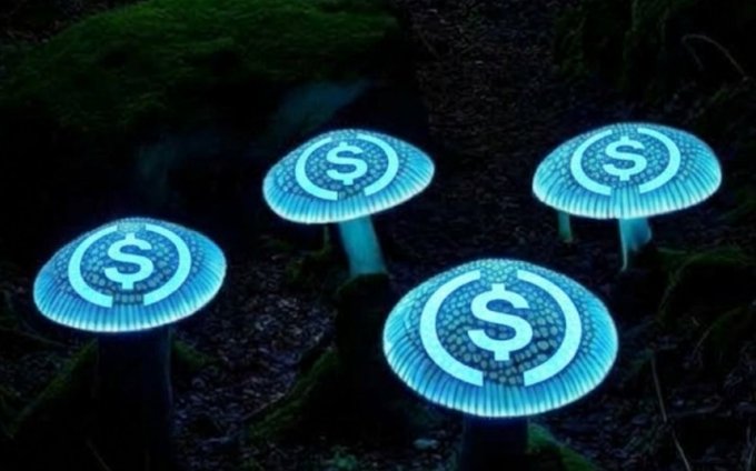 Stylized image of four glowing blue mushrooms in a forest, each with a dollar sign on its cap, surrounded by scattered gold coins symbolizing financial growth.