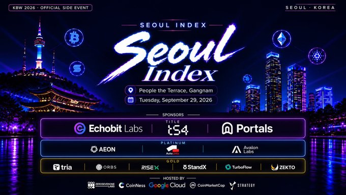 A promotional banner for 'SEOUL INDEX' KBW 2026 official side event on Tuesday, September 29, 2026 at People the Terrace, Gangnam, sponsored by Echobit Labs, T54, Portals, with platinum sponsors including AEON, Avalon Labs, and others.