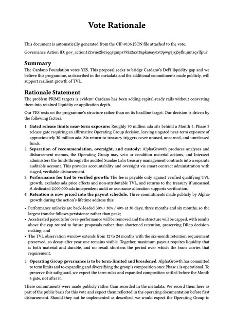 A 'Vote Rationale' document (CIP-013k JSON file) from the Cardano Foundation, explaining their YES vote on a proposal to bridge Cardano's DeFi liquidity gap and support resilient TVL growth.