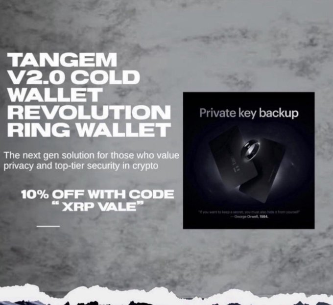 A promotional graphic advertises the Tangem V2.0 Cold Wallet Revolution Ring Wallet as a "next gen solution for those who value privacy and top-tier security in crypto," featuring a black card labeled "Private key backup" alongside a discount offer of 10% off with the code "XRP VALE." The image's discount code matches the "XRPVALE" promo code referenced in the accompanying post about securing crypto with Tangem's EMP-proof ring wallet.