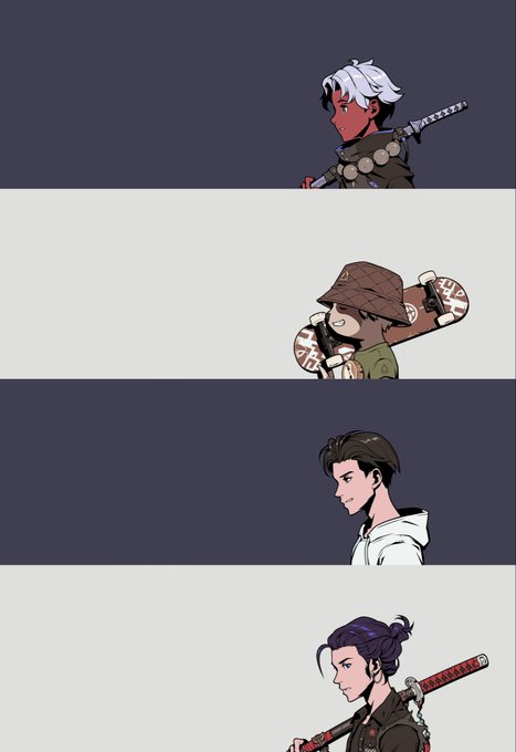 Four anime-style character illustrations shown in alternating gray and white horizontal panels, depicting characters with swords, a hat, and various outfits in side profile.