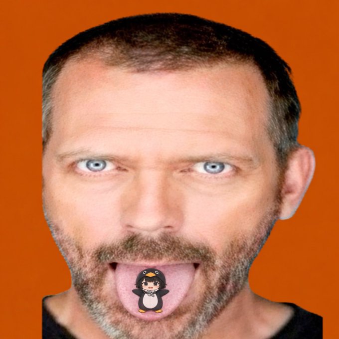 A close-up of a bearded man sticking his tongue out, which has a small cartoon penguin sticker edited onto it against an orange background.