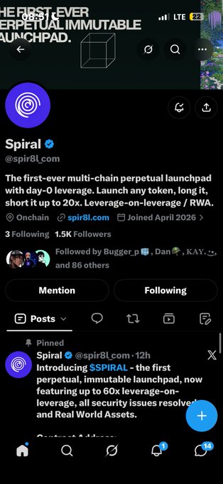 A screenshot of an X (Twitter) profile for 'Spiral' (@spir8L_com), advertising itself as 'The first-ever multi-chain perpetual launchpad' with day-0 leverage.