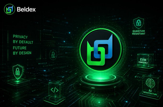 The image showcases the Beldex logo prominently at the center, surrounded by glowing green circuit-like graphics representing key features including "Privacy by Default Future by Design," "Quantum Resistant," "EVM Compatible," and "AI Infrastructure." This visual reinforces the post's message that Beldex is building a comprehensive privacy ecosystem for digital communication and transactions, positioning privacy as foundational infrastructure rather than an add-on feature.