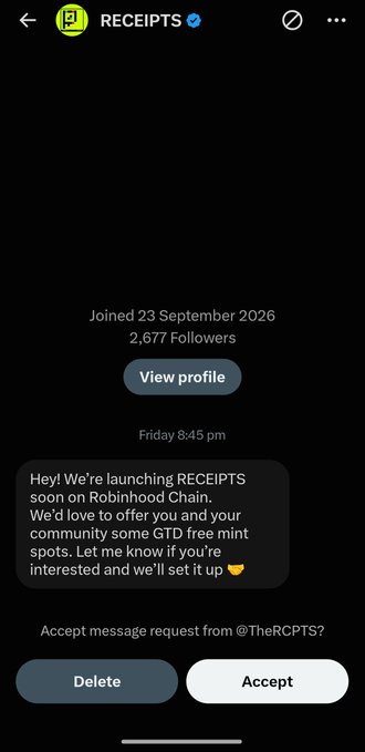 A screenshot of a Twitter DM request from @TheRCPTS (RECEIPTS) sent Friday at 8:45 pm, offering free mint spots for their upcoming launch on Robinhood Chain. The message, which the user appears to have discovered while checking their DMs, ties into the post's congratulatory tone about the project's successful "cook" (cook/marketing campaign).