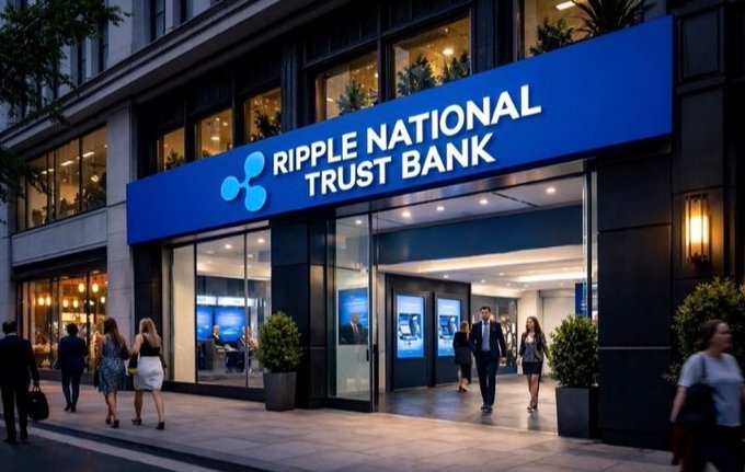 A modern bank storefront prominently displays a "RIPPLE NATIONAL TRUST BANK" sign in bold white text on a blue awning, with people walking in and out of the illuminated entrance. The image visually reinforces the post's news about Ripple's anticipated full national banking license approval, symbolizing the crypto company's deepening integration into mainstream U.S. finance.