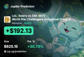 The image shows a Jupiter Prediction dashboard displaying a binary E2K ticker at $192.13 with +30.73% gains and a total volume of $825.15, reflecting the poster's claim that their prediction bets are succeeding even as their long positions drop.