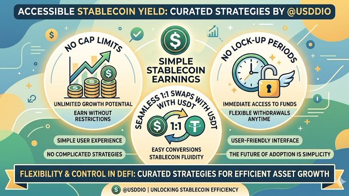 The image features a colorful poster with illustrations of coins and a clock, accompanied by text that explains the concept of earning yield through stablecoins. The poster also includes information about user experience and flexibility control in DeFi trading strategies.