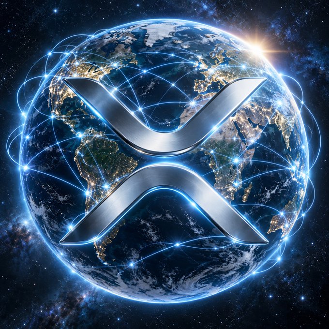 A stylized image of Earth from space at night is overlaid with a large metallic XRP logo and a glowing blue network of interconnected nodes, visually symbolizing global connectivity and technological infrastructure to reinforce the claim that "XRP is the only crypto on this earth with clarity." No additional text, numbers, or tickers are visible beyond the prominent XRP emblem.