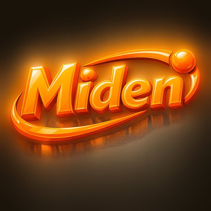 A 3D rendered orange logo spelling 'Miden' surrounded by an orbital ring, set against a dark background.