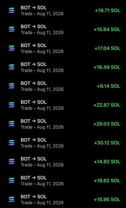 A list of cryptocurrency transactions showing 'BOT -> SOL' trades on Aug 11, 2026, with profits ranging from +9.14 SOL to +30.12 SOL displayed in green.
