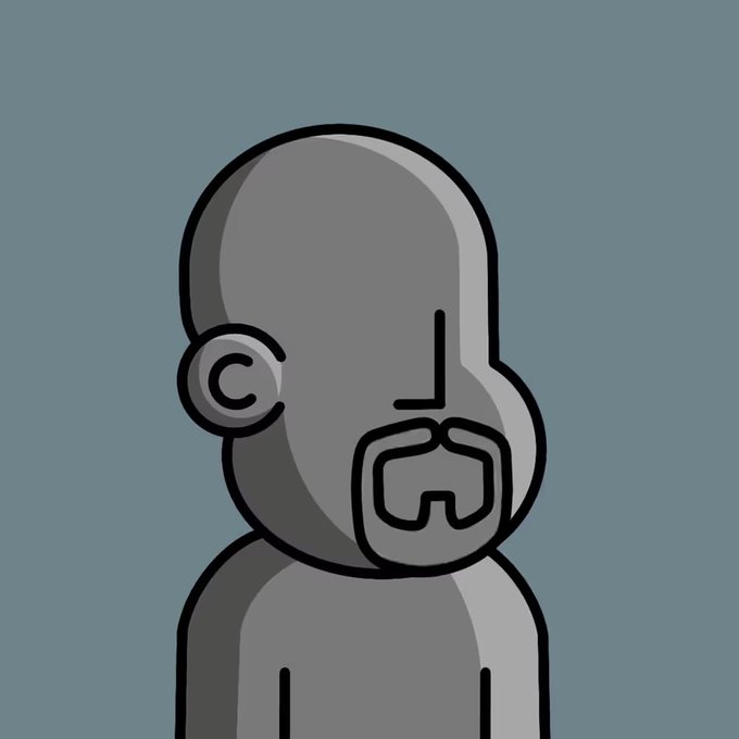 A minimalist gray cartoon character with a bald head, small ear, and a square goatee against a blue-gray background.