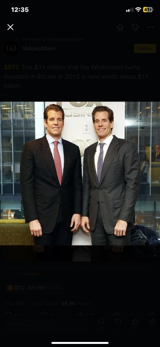 A photo of the Winklevoss twins in suits, accompanying a post noting that their $11 million Bitcoin investment in 2013 has grown to roughly $11 billion.