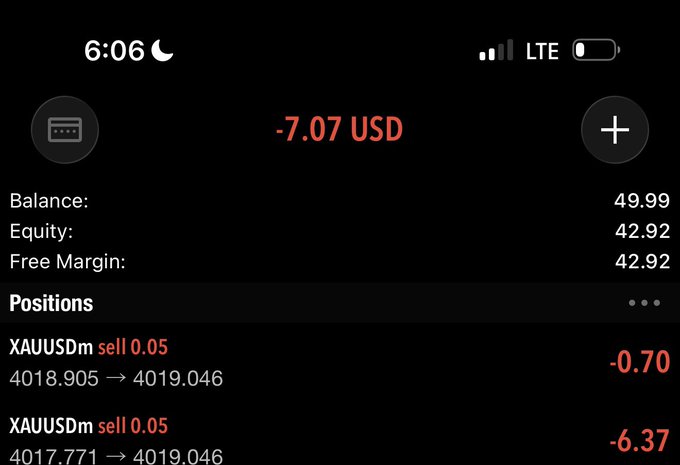 A mobile trading app screenshot showing a real account with a balance of $49.99 and a floating loss of -7.07 USD, consisting of two open XAUUSDm sell positions of 0.05 lots currently down $0.70 and $6.37. The image illustrates a small $50 account absorbing early trading losses, aligning with the post about starting with limited capital.