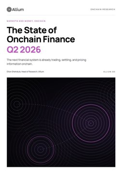 The image shows the cover page of Allium's "State of Onchain Finance Q2 2026" research report, featuring their logo and a dark design with purple concentric circles. The report appears relevant to the post about stablecoin payments, likely containing the data referenced regarding TRON's stablecoin settlement activity and the broader onchain payments landscape.