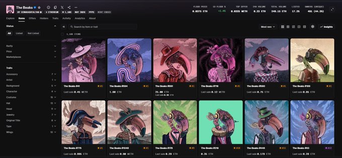 The image shows a screenshot of "The Beaks" NFT collection page on a marketplace, displaying various Beak avatars with prices, ranks (#111, #890, etc.), and last sale values in ETH, with a total volume of 0.3178 ETH—suggesting low trading activity that the post hints could be ripe for a sweeping event.