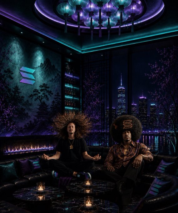 Two people with large afros sitting cross-legged on a leather couch in a neon-lit lounge with a city skyline view, with a Solana logo visible on the wall.