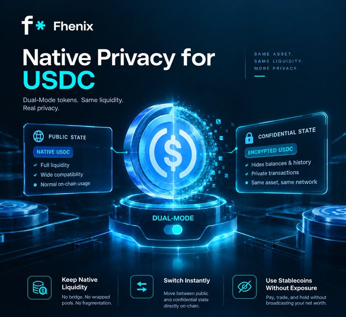 A digital advertisement for 'Fhenix' promoting 'Native Privacy for USDC' with text detailing 'Dual-Mode tokens. Same liquidity. Real privacy.' and features like 'PUBLIC STATE' and 'CONFIDENTIAL STATE'.