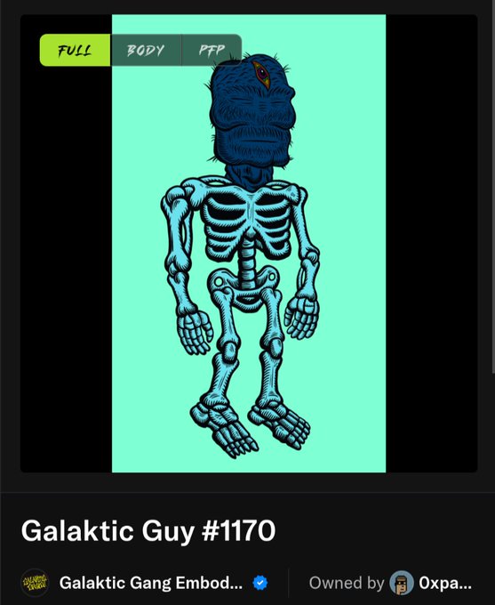 An NFT listing for 'Galaktic Guy #1170' featuring a blue skeleton character with a hairy blue head from the 'Galaktic Gang' collection, owned by Oxpa.