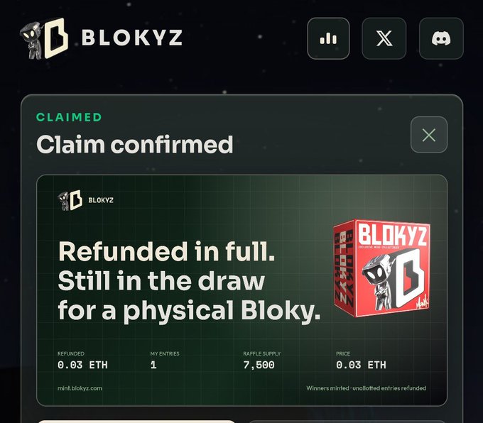 A confirmation screen from BLOKYZ showing "Claim confirmed" with the message "Refunded in full. Still in the draw for a physical Bloky," displaying a 0.03 ETH refund, 1 entry, 7,500 raffle supply, and a red BLOKYZ mystery box product image.