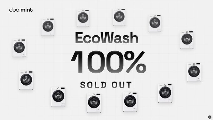 An advertisement featuring multiple washing machines arranged around the text 'EcoWash 100% SOLD OUT' with the 'duomint' logo in the upper left corner.