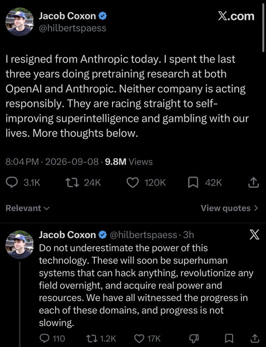 A screenshot shows a tweet from Jacob Coxon (@hilbertspaess) announcing his resignation from Anthropic, warning that AI companies are "racing straight to self-improving superintelligence and gambling with our lives," with the post receiving 9.8M views, 120K likes, and 24K reposts.

The image relates to the caption by illustrating warnings about the dangers of AI advancement, which the poster connects to Zcash ($ZEC) as a privacy-focused hedge against increasing AI-driven risks in the financial world, driving their prediction that ZEC will reach $10,000 this year.