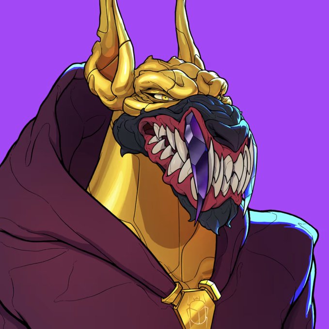A colorful illustration of a golden horned demonic figure with sharp teeth and a purple crystal on its tongue, wearing a dark purple hooded cloak against a purple background.