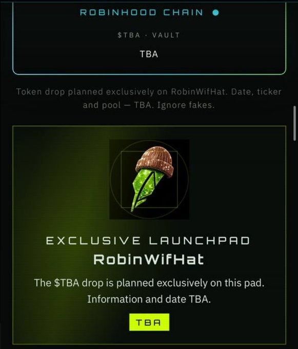 A promotional graphic for the "ROBINHOOD CHAIN" featuring a $TBA token drop, with a logo depicting a green leaf wearing a brown beanie, announcing an exclusive launchpad on RobinWifHat with date and ticker details marked "TBA," aligning with the post's teaser of a forthcoming launch on the WIF Launchpad by @Kageuri_com.