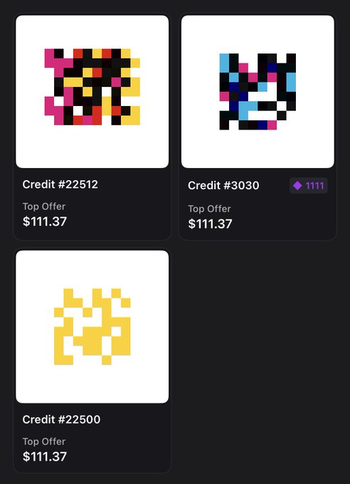Three NFT credit cards displayed: Credit #22512 with pink/yellow pixel art, Credit #3030 with blue/pink pixel art (1111), and Credit #22500 with yellow pixel art, all showing Top Offer of $111.37.