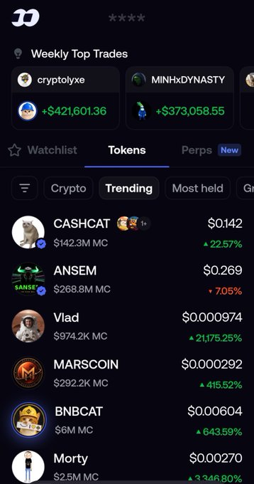 A mobile app screenshot showing a crypto trading platform with trending tokens including CASHCAT ($0.142, +22.57%), ANSEM ($0.269, -7.05%), Vlad, MARSCOIN (+415.52%), BNBCAT (+643.59%), and Morty (+3,346.80%).