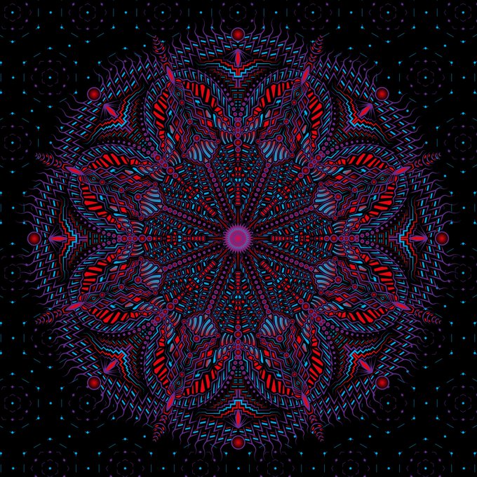 A highly symmetrical, intricate digital mandala pattern with vibrant red, blue, and purple details radiating from a bright pink center against a black background.