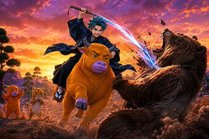 An anime-style fantasy artwork depicting a blue-haired samurai riding an orange bull charging at a large roaring bear with a glowing blue sword, with a small orange monkey and leopard in the background at sunset.