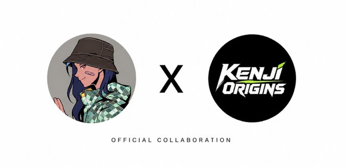 A promotional banner for an official collaboration between an anime-style character in a bucket hat and the 'Kenji Origins' brand, displayed on a light gray background.