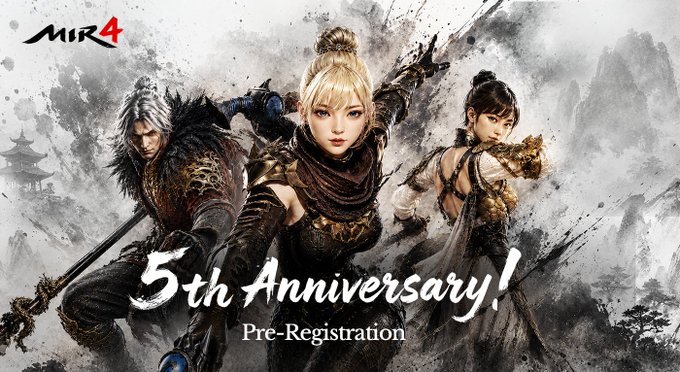 Promotional artwork for 'MIR4' 5th Anniversary Pre-Registration, featuring three fantasy characters with weapons in a traditional Asian setting.