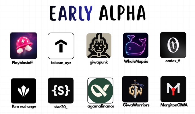 A promotional graphic titled 'EARLY ALPHA' displays ten project logos including Playblastoff, token_xyz, giwapunk, WhaleMapsio, ondex.fi, Kira exchange, sbrc20, agamafinance, GiwaWarriors, and MergitonGWA.