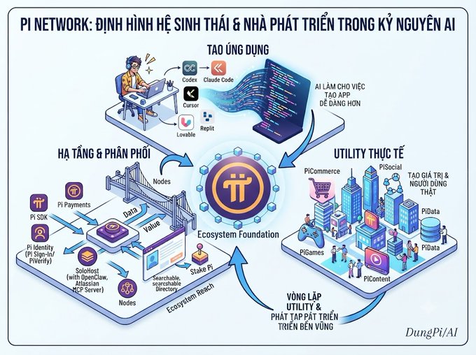 The image is an infographic titled "PI NETWORK: ĐỊNH HÌNH HỆ SINH THÁI & NHÀ PHÁT TRIỂN TRONG KỶ NGUYÊN AI" (Shaping the Ecosystem & Developers in the AI Era), illustrating Pi Network's three-pillar strategy: developer tools (Codex, Claude Code, Cursor, Lovable, Replit), infrastructure (Pi SDK, Pi Payments, Pi Identity, Nodes, Stake Pi), and real-world utilities (PiCommerce, PiSocial, PiData, PiGames, PiContent) — visually reinforcing the post's point about Pi's shift from community-building toward a sustainable, utility-driven ecosystem with AI-enabled app development.
