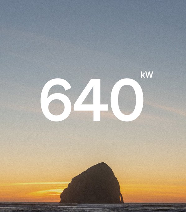 A sunset scene over the ocean with a silhouetted rock formation, featuring the text '640 kW' in large white letters.