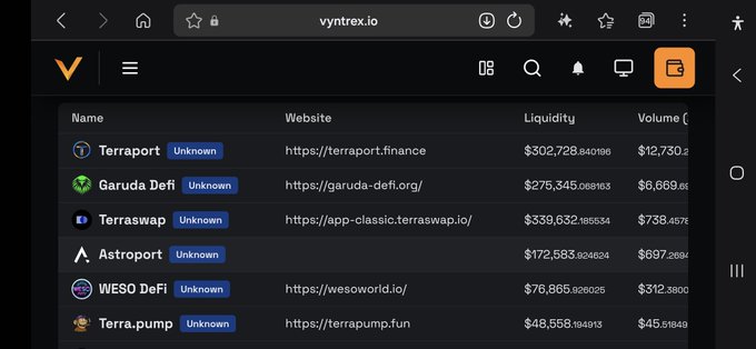 A screenshot of the vyntrex.io website displaying a list of crypto platforms including Terraport, Garuda Defi, Terraswap, Astroport, WESO DeFi, and Terra.pump with their respective liquidity and volume figures.