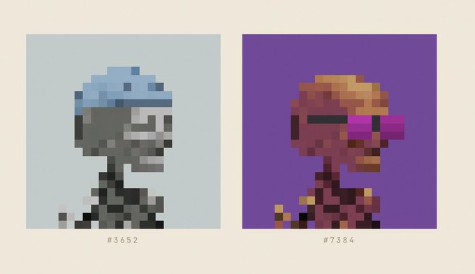 Two pixel-art skeleton NFT portraits side by side: #3652 wearing a blue bandana on a light blue background, and #7384 wearing sunglasses and an orange bandana on a purple background.
