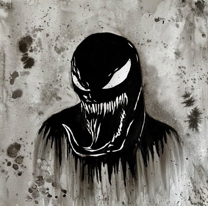 Black-and-white ink illustration of the Marvel character Venom with a wide toothy grin and dripping black symbiote form against a splattered gray background.