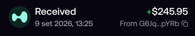A dark-themed mobile payment notification showing 'Received +$245.95' on 9 set 2026, 13:25, from an anonymous sender (G6Jq...pYRb) with a teal logo.