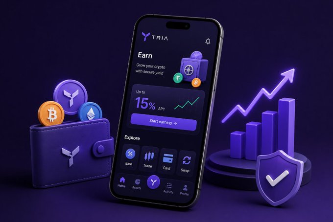 Mobile app marketing image for TRIA showing a smartphone displaying crypto features like 'Earn' with up to 15% APY, surrounded by 3D coins, a wallet, growth chart, and security shield.