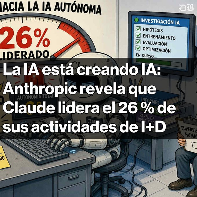 An illustrated graphic showing a robot at a computer with a gauge reading '26%' and a screen showing 'INVESTIGACIÓN IA' checklist (Hipótesis, Entrenamiento, Evaluación, Optimización), overlaid with Spanish text: 'La IA está creando IA: Anthropic revela que Claude lidera el 26% de sus actividades de I+D'.