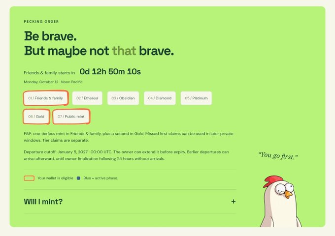 An NFT pecking order page titled 'Be brave. But maybe not that brave.' showing Friends & Family and Gold phases are active, with a countdown timer at 0d 12h 50m 10s for the public mint.