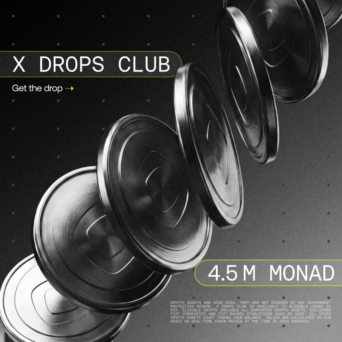 A promotional graphic for "X DROPS CLUB" features a row of metallic MONAD coins with the call to action "Get the drop" and displays "4.5 M MONAD" alongside a risk disclaimer about crypto assets. The image relates to the post by advertising a new crypto drop for the Monad token, encouraging users to opt in and earn MON rewards through the trading platform.