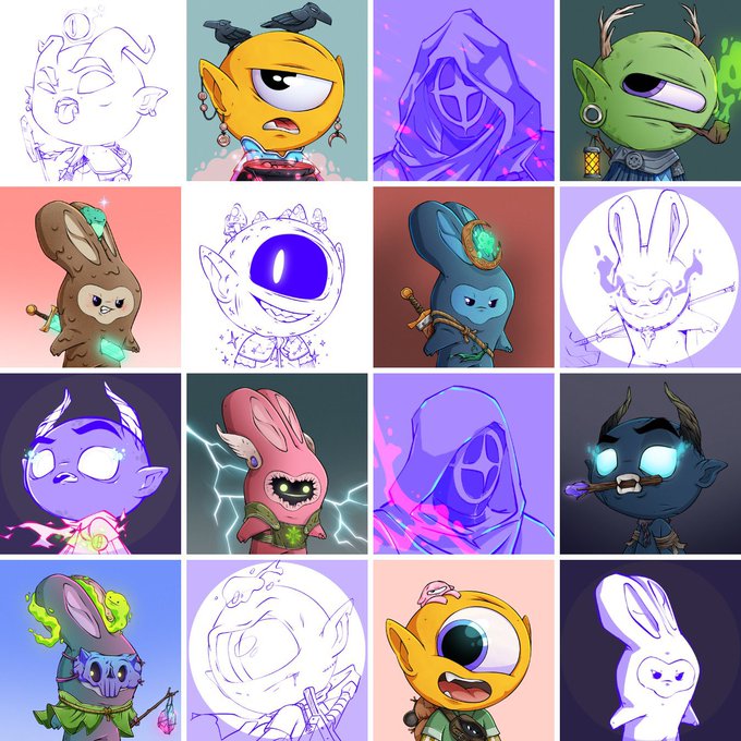 A grid of sixteen cartoon-style illustrations featuring various one-eyed and multi-eyed monster characters in different designs and colors.